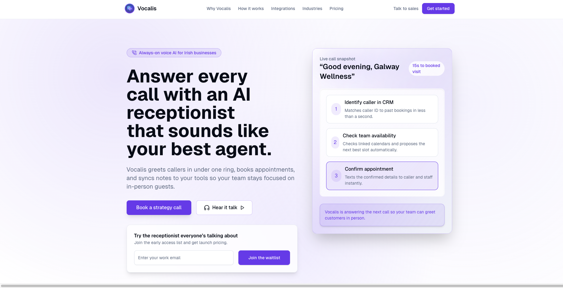 Vocalis AI receptionist website