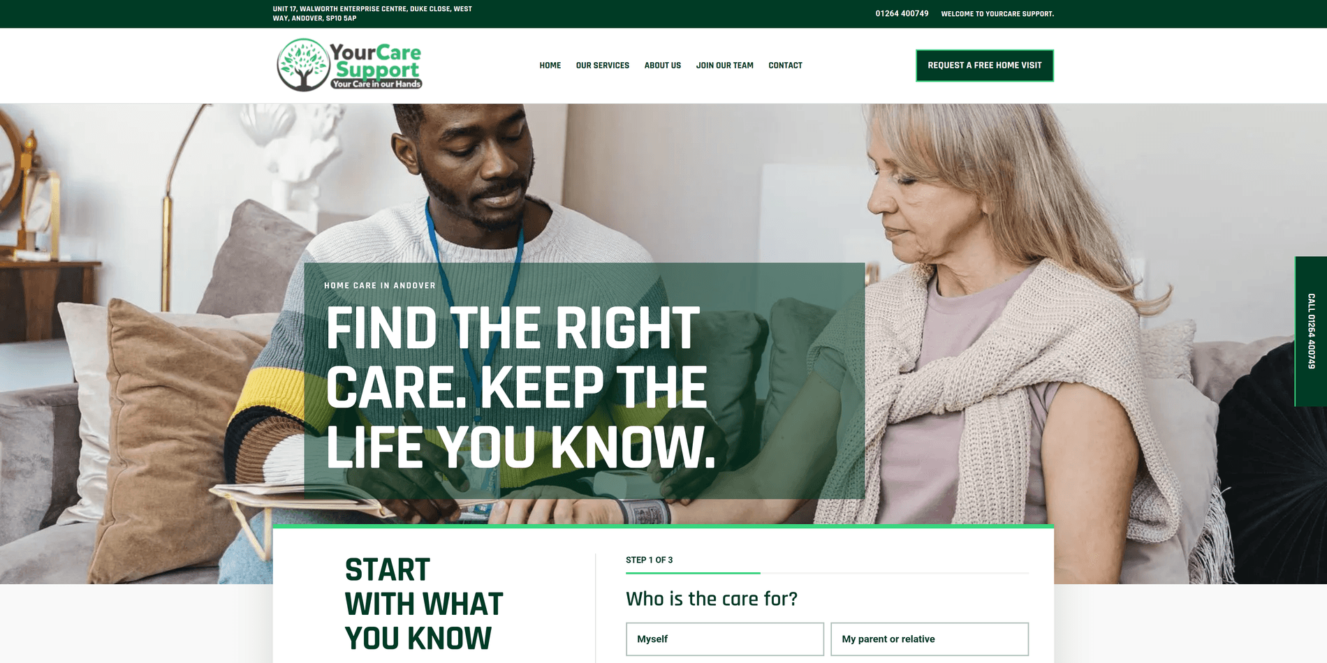 YourCare Support home page — hero headline over a home care visit, with the care finder below